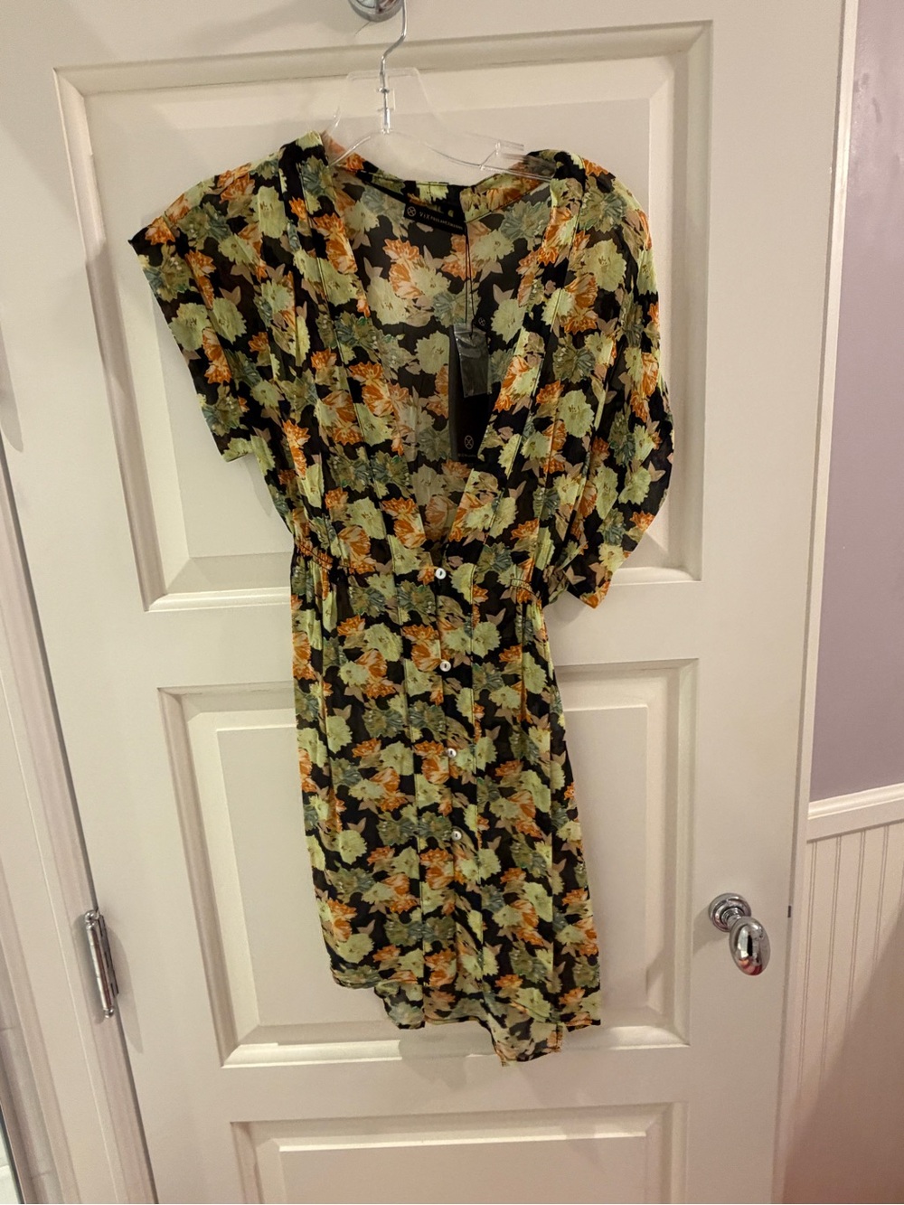 Floral Button-Front Swim Coverup in Black, Green & Orange